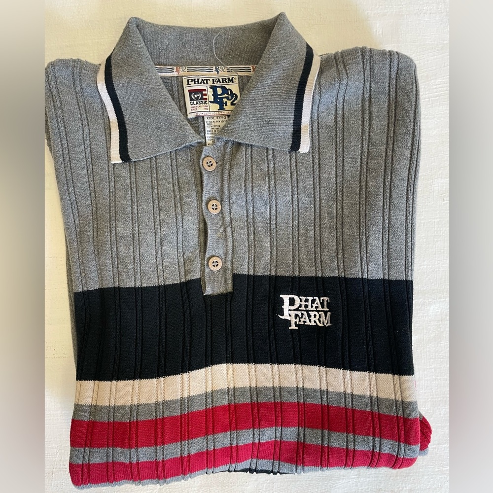PHAT FARM Vintage Cotton Ribbed Stripe Short‎ Sleeve Polo Sweater Size XXXL